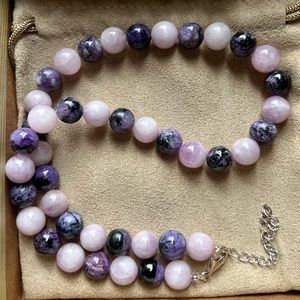 Kunzite & Charoite Round Knotted Bead Strand Sterling Silver Necklace